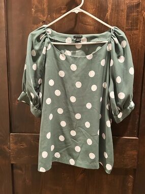 Ann Taylor Sage Green Polka Dot Puff-Sleeve Blouse